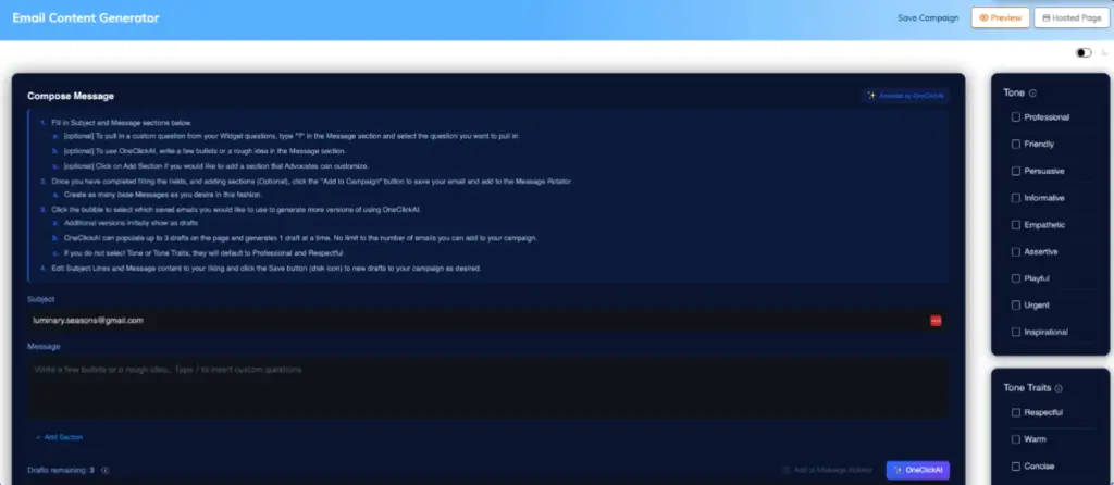 OneClickAI message generator inside One Click Politics