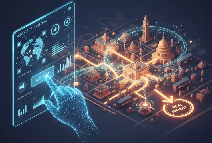 Digital illustration of an advocacy software platform activating a network of digital advocates to influence public policy and create real-world political impact.
