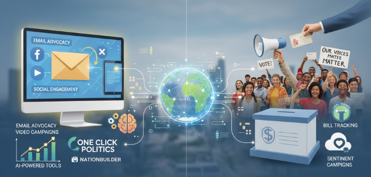 Infographic for digital advocacy campaigns featuring email advocacy, video campaigns, AI tools, and Campaign as a Service.